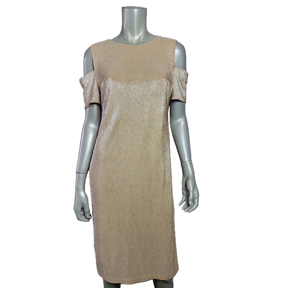 Calvin Klein Gold Metallic Cold Shoulder Sheath‎ Dress Womens 8 CD9AX148